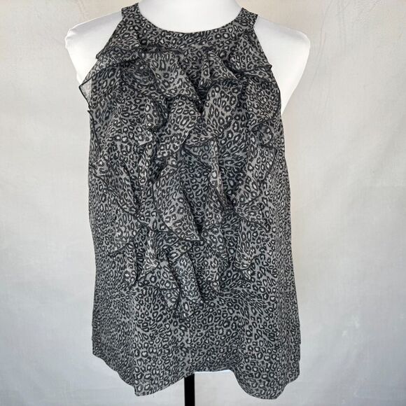 ECI  Top Sz 10 Gray Black Halter Ruffle Front Sleeveless Open Back Animal Print - Picture 1 of 9